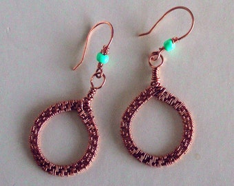 Copper Wire Earrings, Copper Wire Dangles, Copper Work Earrings, Copper Boho Earrings