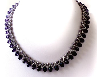 Amethyst Crystal Beadwork Necklace: Purple Choker, Rhinestone Clasp
