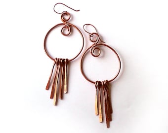 Copper Wire Earrings, Copper Dangles, Boho Earrings, Wire Work Dangles, Metal Earrings, Long Earrings