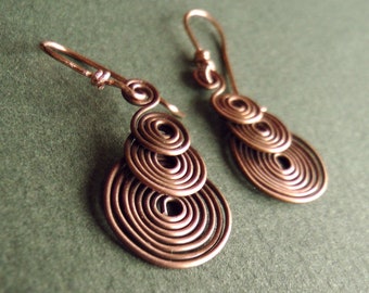 Copper Earrings, Spiral Dangles, Handmade Copper Earrings, Hammered Copper jewelry