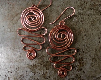 Copper Wire Earrings, Copper Wire Spiral Earrings, Copper Wire Boho Earrings, Long Earrings, Tribal Earrings, Copper Dangles