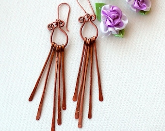 Copper Wire Earrings, Copper Earrings, Long Earrings, Boho Earrings, Hammered Copper Earrings, Arrow Earrings, Copper Dangles