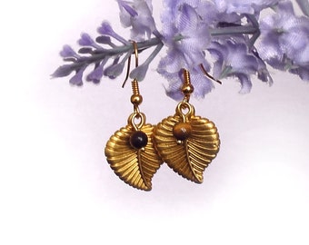 Tiger Eye Earrings, Golden Leaf Pendants Earrings, Gemstone Earrings, Short earrings