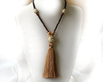 Tassel Necklace, Wood Bead Necklace, Brown Tassel Necklace, Long Necklace, Long Tassel Necklace