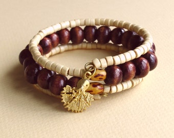 Wooden Beaded Bracelet, Memory Wire Bracelet, Gold Plated Charm Bracelet