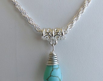 Turquoise Pendant Necklace, Silver Plated Chain
