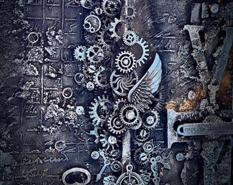 gift, mixed media, steampunk, wall decor , clock gears, ink , feather