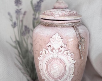 glass antique aged cracked  jar with a lid, clay and thread decoration