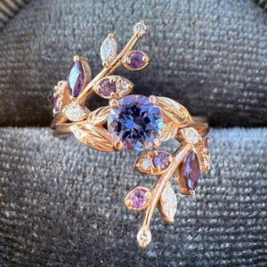 Purple Starburst Ring - Vine themed ring with tanzanite, amethyst, diamonds and purple zircon in rose gold, nature inspired engagement ring