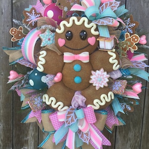 Gingerbread Christmas Wreath, Candy Land Wreath, Pastel Christmas, Pink Christmas Wreath, Cookie Door Decor, Gingerbread Man Decor