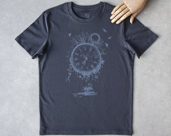 Gray blue unisex t-shirt, organic cotton, medium gray print, old clock, vintage watch and passing time, gift idea