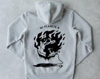 Mixed fit hoodie in organic cotton and recycled polyester, heather gray fleece printed on the back and chest, French message: No planet B