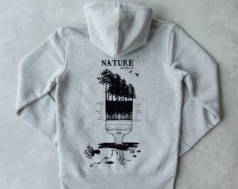 Hoodie in organic cotton and recycled polyester for men and women heather gray printed on the back and chest, expression "nature painting"