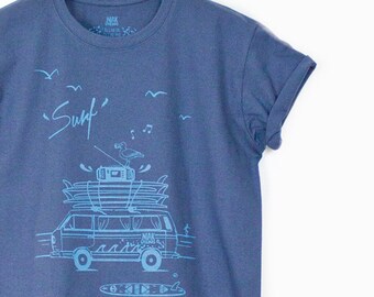 Mens tee shirt printed surf and van, fathers day gift idea , mens birthday, christmas, hand screenprinted by niak original, french design