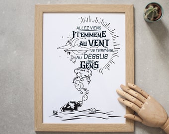 VENT poster A3 size 42 x 29.7 cm black and white hand screenprinted art paper, french song of Louise Attaque, rock band