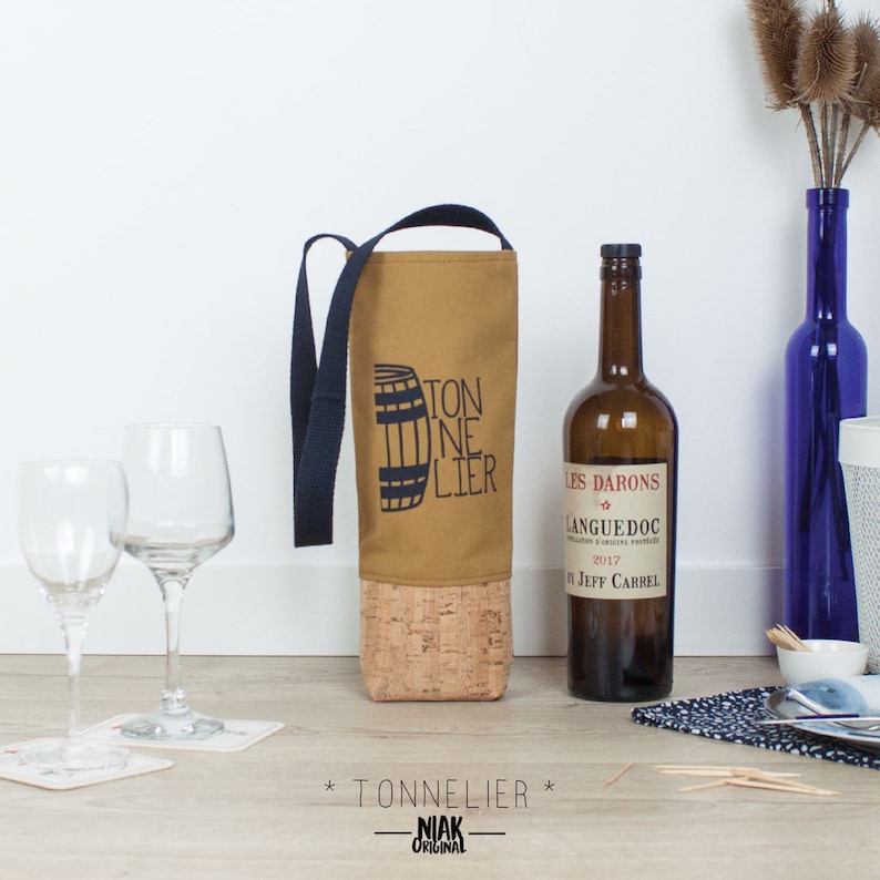 water or beer TONNELIER blue and white Original reusable tote bag for bottle of wine gift idea man silkscreen cotton and cork