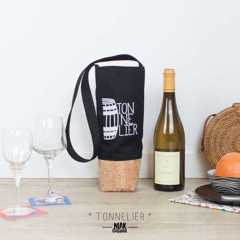 water or beer TONNELIER blue and white Original reusable tote bag for bottle of wine gift idea man silkscreen cotton and cork