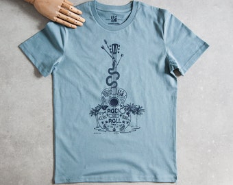 Blue men's t-shirt or women's organic cotton tee-shirt "BOUCAN" acoustic guitar, ocean and surf