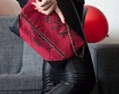 GIMMICK red clutch, screenprint black, red fabric, brass chain, crow, hand, summer, spring, accessorie,for woman, motherday