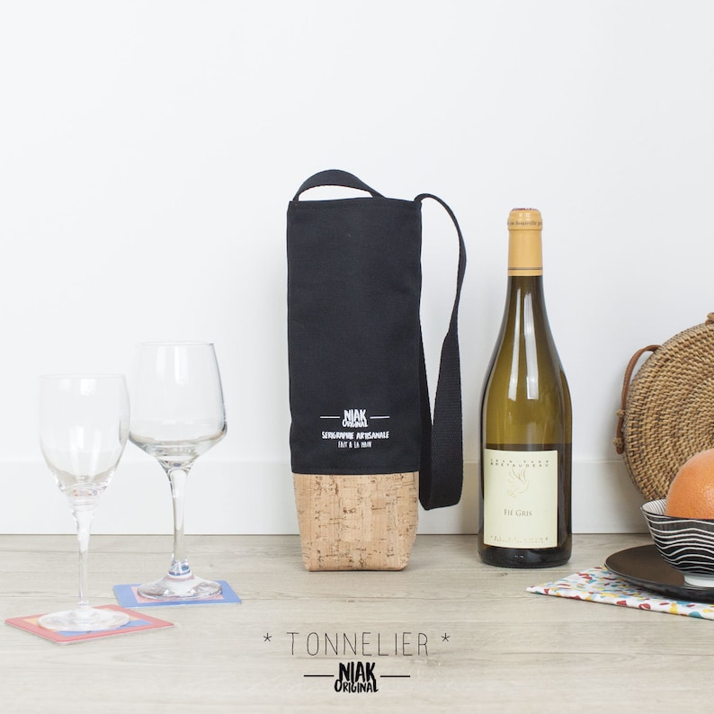 water or beer TONNELIER blue and white Original reusable tote bag for bottle of wine gift idea man silkscreen cotton and cork