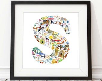 Letter S print, nursery decor, nursery art, abc print, new baby gift, baby shower gift, alphabet letter S, godchild gift