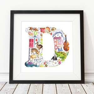 Letra D impresión, decoración de la guardería, arte de la guardería, impresión abc, nuevo regalo de bebé, regalo de baby shower, letra del alfabeto D, regalo de ahijado