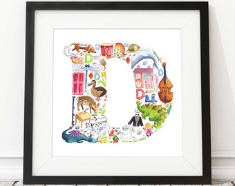 Letter D print, nursery decor, nursery art, abc print, new baby gift, baby shower gift, alphabet letter D, godchild gift