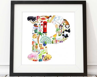 Letter P print, nursery decor, nursery art, abc print, new baby gift, baby shower gift, alphabet letter P, godchild gift