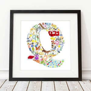 Letra Q impresión, decoración infantil, arte infantil, impresión abc, nuevo regalo de bebé, regalo de baby shower, letra Q del alfabeto, regalo de ahijado