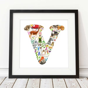 Letra V impresión, decoración infantil, arte infantil, impresión abc, nuevo regalo de bebé, regalo de baby shower, letra de alfabeto V, regalo de ahijado
