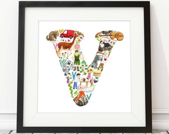 Letter V print, nursery decor, nursery art, abc print, new baby gift, baby shower gift, alphabet letter V, godchild gift