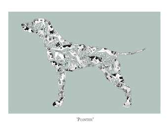Peut inclure: Une illustration en noir et blanc d'un chien pointer composé de silhouettes de chiens plus petites. Le fond est de couleur bleu clair. Le texte "POINTER" est sous l'image.