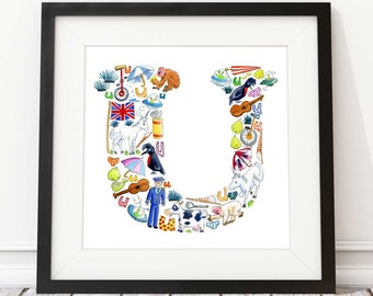 Letter U print, nursery decor, nursery art, abc print, new baby gift, baby shower gift, alphabet letter U, godchild gift