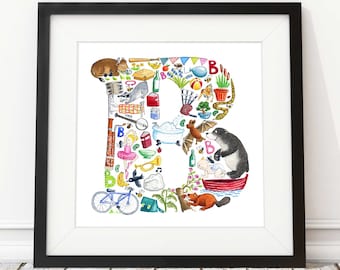 Letter B print, nursery decor, nursery art, abc print, new baby gift, baby shower gift, alphabet letter B, godchild gift