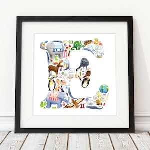 Letra E impresión, decoración infantil, arte infantil, impresión abc, nuevo regalo de bebé, regalo de baby shower, letra E del alfabeto, regalo de ahijado