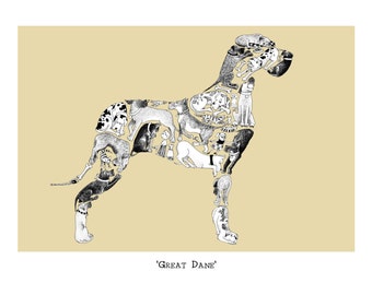 May include: A black and white illustration of a Great Dane dog made up of smaller dog silhouettes. The image has a light yellow background and the text 'GREAT DANE' is written below the dog.