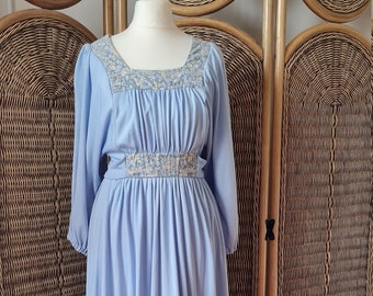 Vestido midi estilo pradera vintage de ensueño de los años 70/Vestido Richard Shops de jersey azul bebé/Mangas globo/Talla 10 del Reino Unido/Talla 6 de EE. UU./Talla S