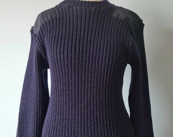 Vintage 70s Navy Issue Pure New Wool Navy Rib Stretch Jumper Sweater Pullover with Elbow Pads 38 ins Chest Made in Great Britain