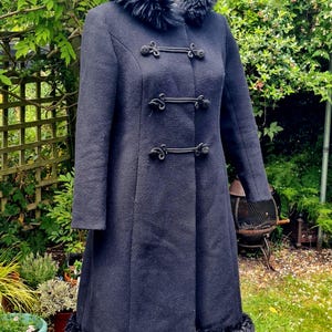 Vintage 1960s Black Wool Blend Hooded Coat: Fur Trim, Swinging London Style