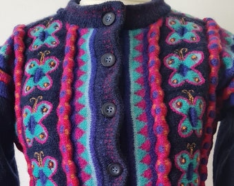 Vintage Pure New Wool Tulchan Coogi Style Cardigan Multi colour Butterfly Motif  S UK 8-10 US 4-6