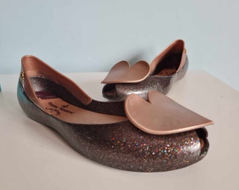 Vivienne Westwood Melissa Anglomania Glittery Bronze Peep toe Jelly Flats with Heart Motif, UK 6 US 8 EU 39, Boxed