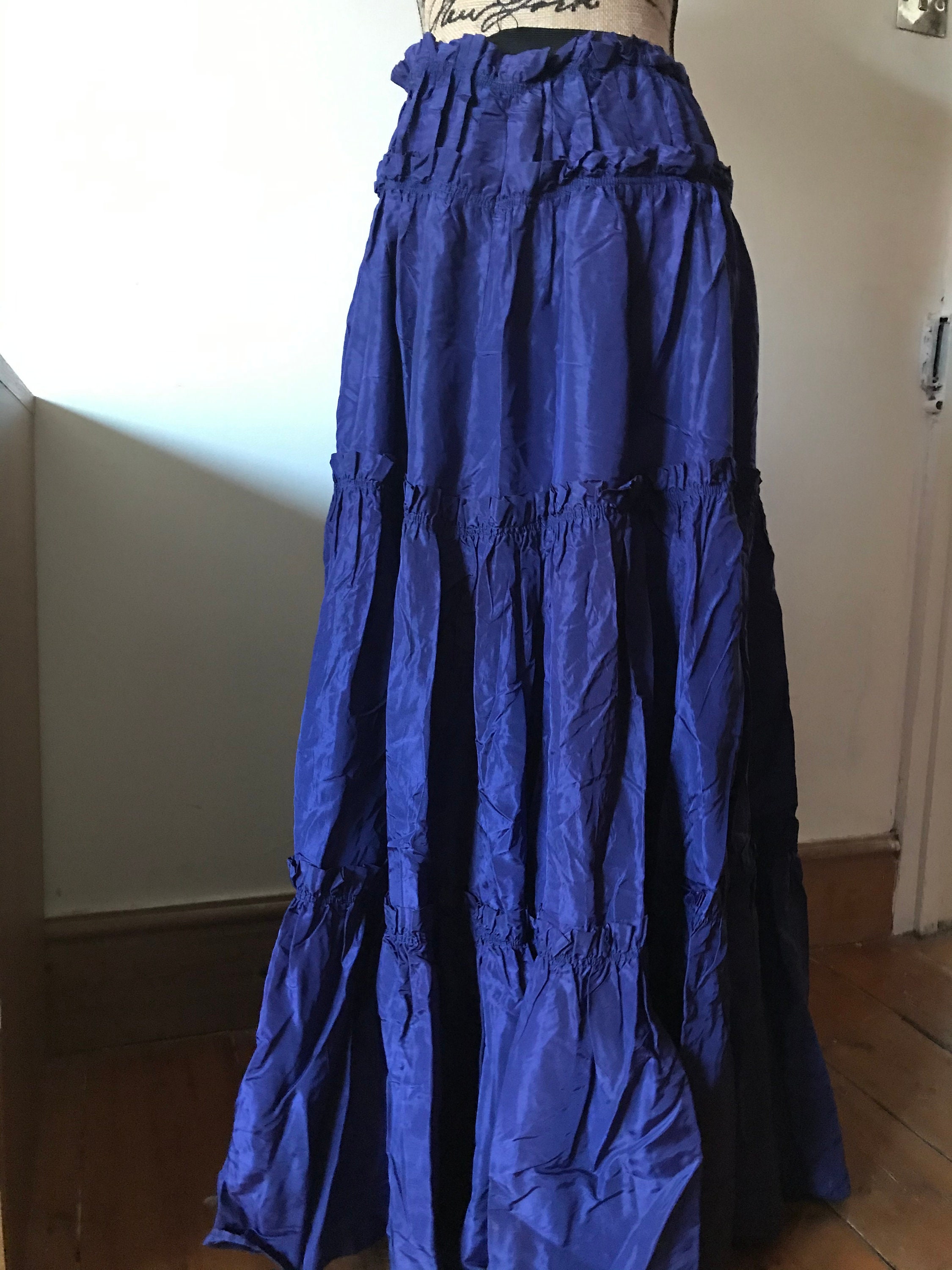 Image of Blue Tiered Taffeta Maxi Skirt