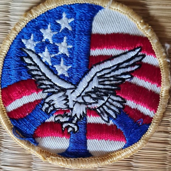 Vintage 1970s Red White Blue Stars Stripes PEACE SIGN American Bald Eagle Sew on Patch