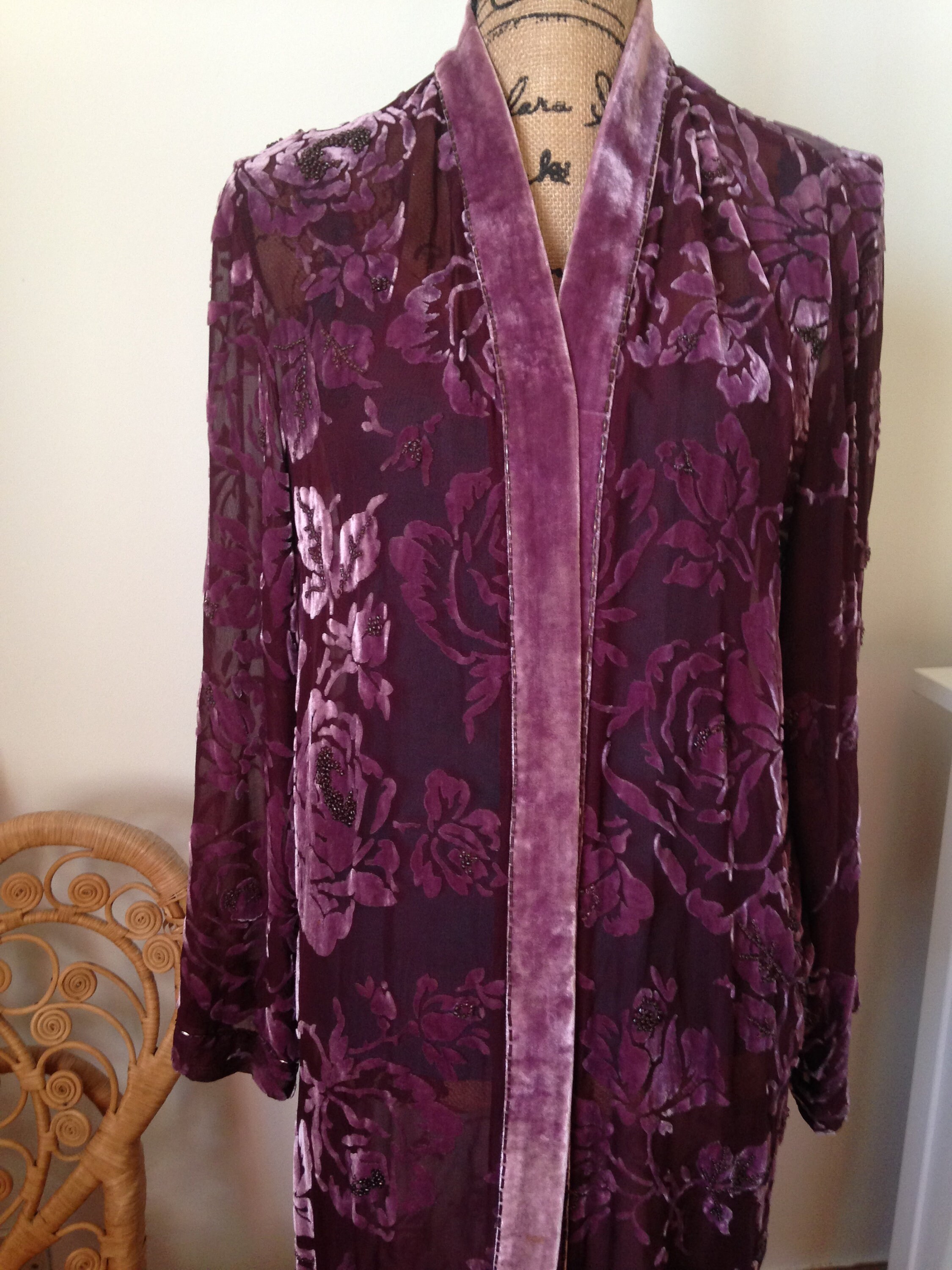 Image of Vintage Amethyst Velvety Roses Beaded Robe By East, Sheer Silk/Viscose House Coat, Uk , M