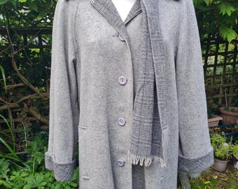 Manteau évasé vintage en laine mélangée UK 16 : écharpe gris tourterelle à chevrons