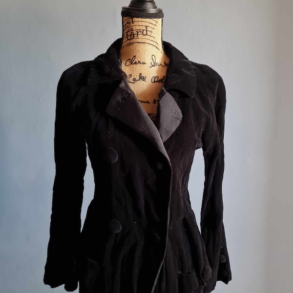 Vintage 90s Black Victoriana Velveteen and Silk Pea Coat  by Jigsaw Size UK 10/US 6/S