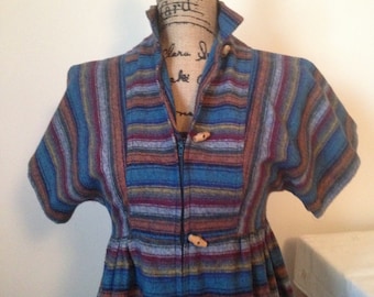 Vintage 1970s Marion Donaldson Stripy Woolen Midi Dress / Cosy Winter Boho Dress S / XS / UK 8-10 / US 4-6