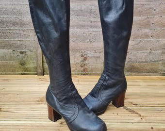 Vintage Black Leather Platform Boots The Bootery Made in UK UK 5.5 US 7.5