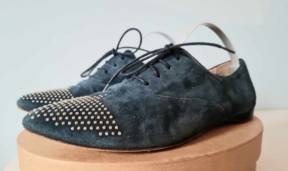 Blue Suede Flat Lace up Shoes Made in Italy Jean Rodin Paco