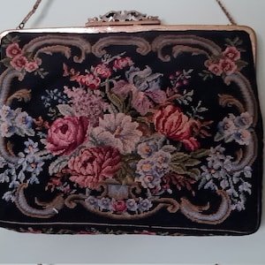 Vintage 1920s Needle Point Petit Point Tapestry Floral Clutch Bag/Chain and Clasp As Seen